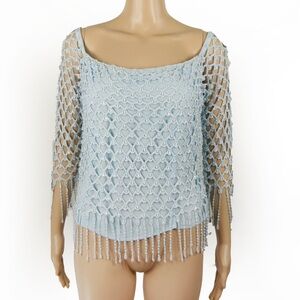 Vintage 90s Knit Bead Crochet Layered Baby Ice Blue Sheer Long Sleeve Top
